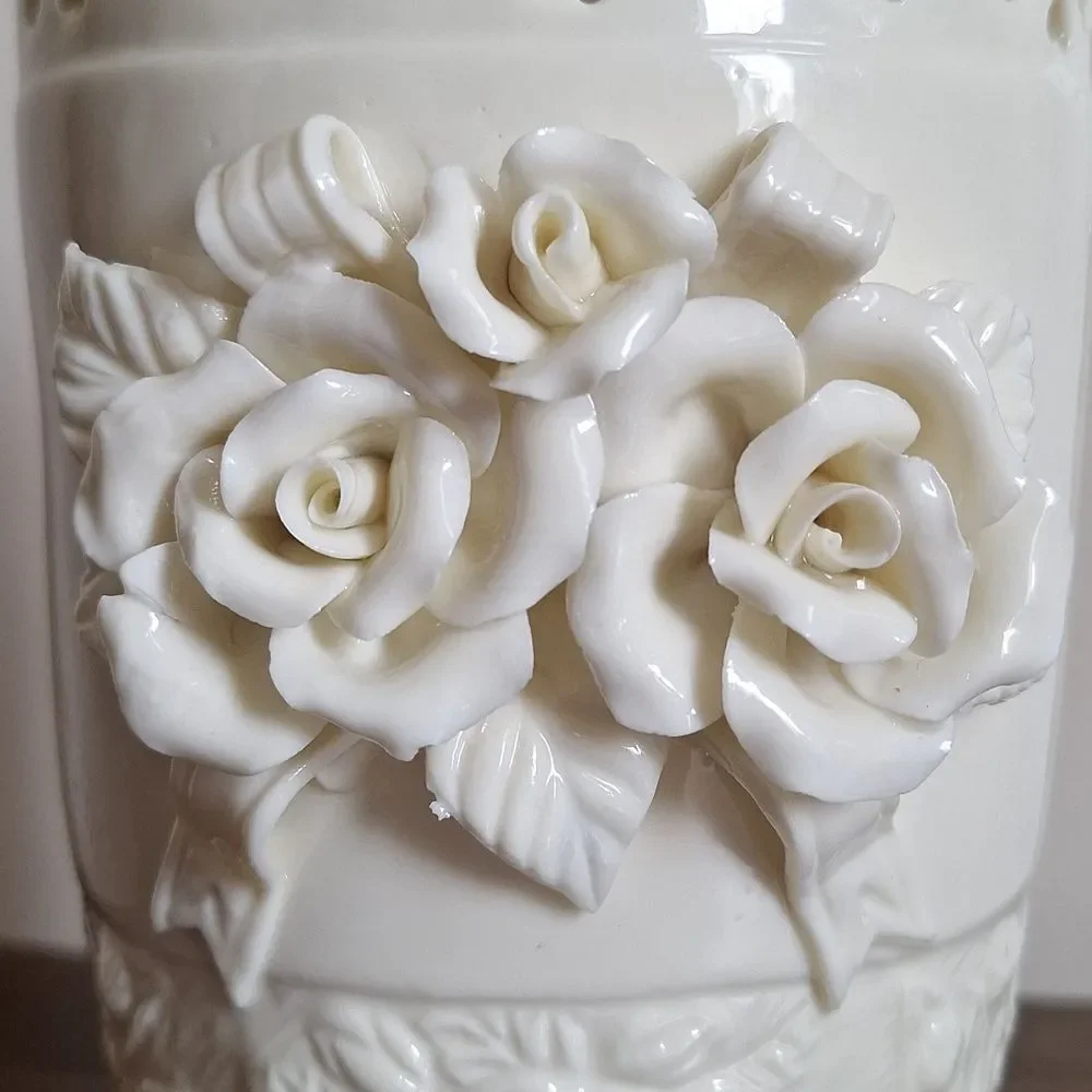 Vintage Capodimonte Style Cream Rose Vase Heart Cutout Victorian Cottagecore
